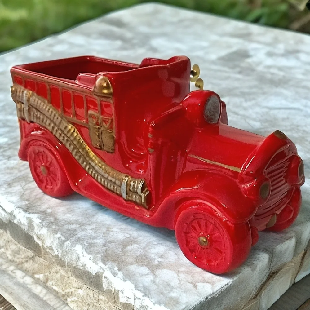 Vintage Fire Truck Planter Ceramic Red Kids Room Firetruck Nursery Decor Storage